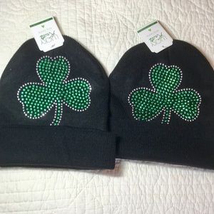 NWT Shamrock Pair 2 Bling Beanie Stocking Acrylic Knit Hats St. Patrick’s
